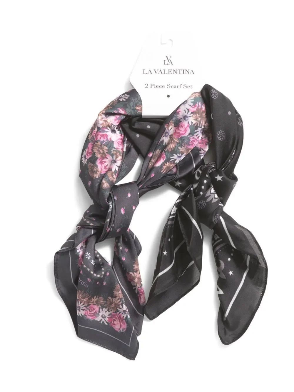 LA VALENTINA Black White Pink Neck Head Bandana Scarf Set x 2